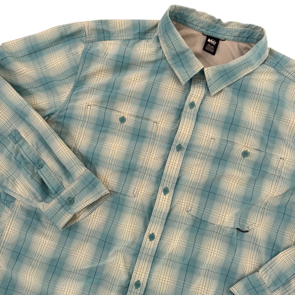 REI Co-op 3XL Green Plaid Vented Roll-Sleeve Nylon Men's Hiking Fishing Shirt